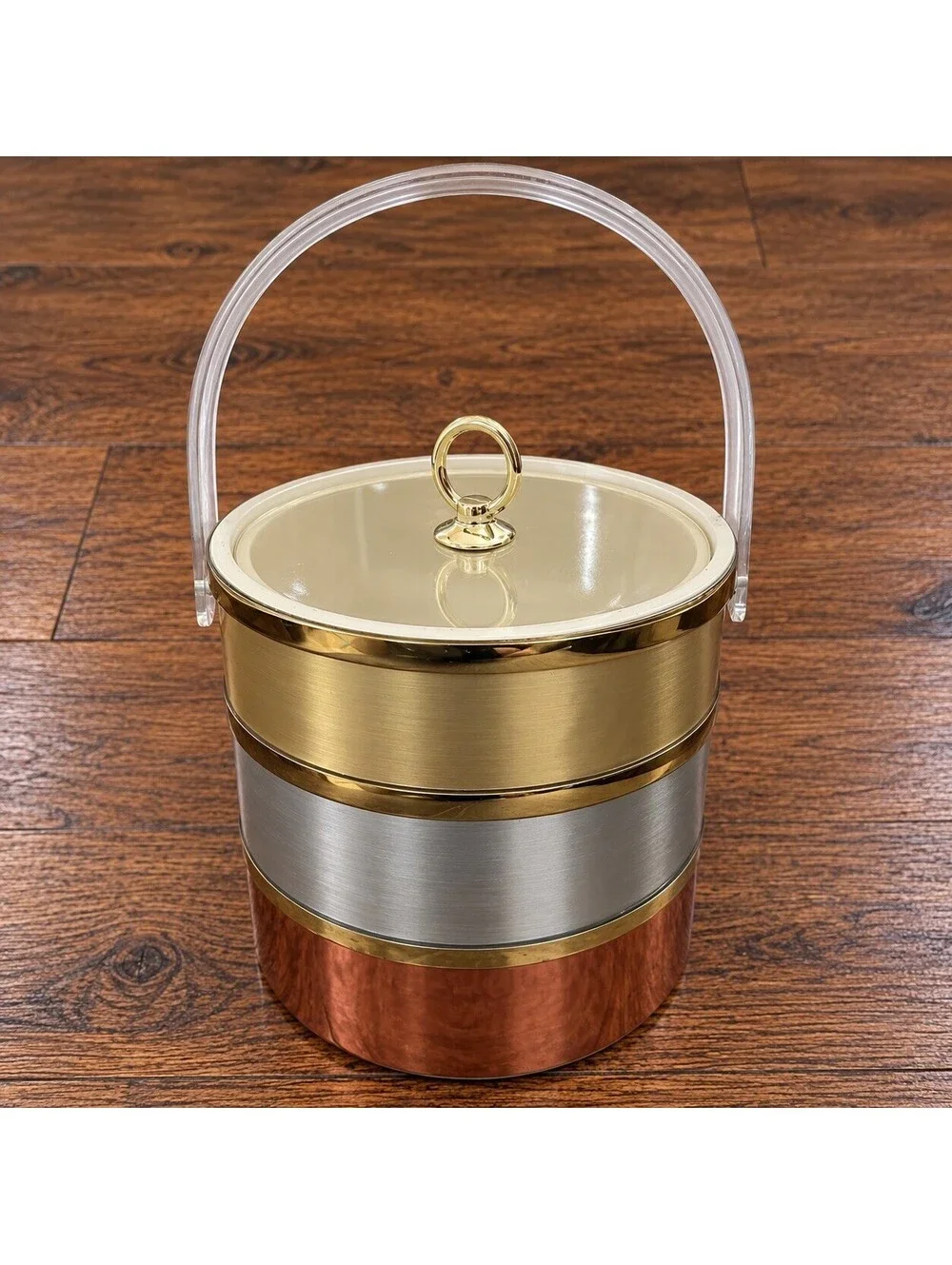VINTAGE GOLD-TRI COLOR ICE BUCKET/WINE COOLER LUCITE TOP 60/70’s